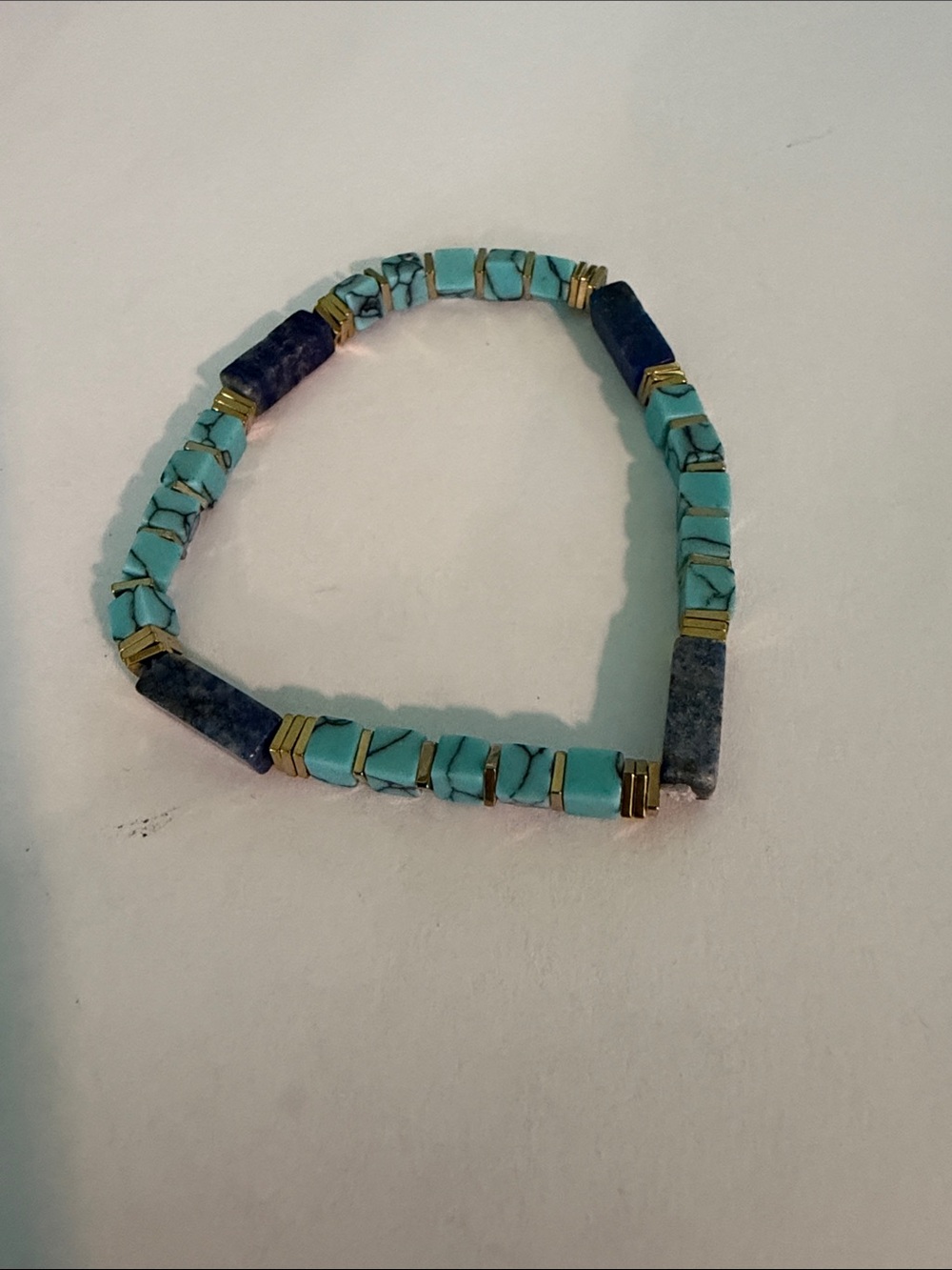 Natural Stone Turquoise and Navy Beaded Stretch Bracelet with Gold Accents